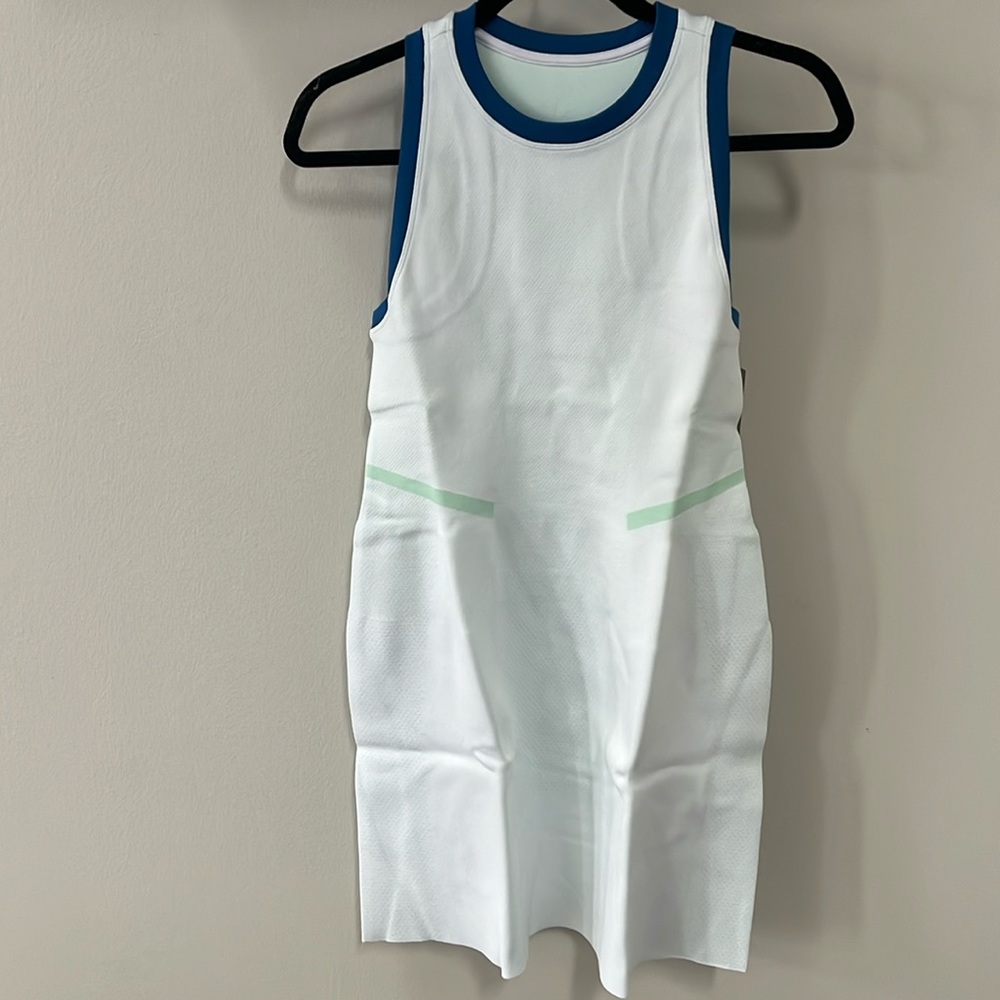 Sweaty Betty White Tank Tennis Dress with Navy Trim and Mint Accents
